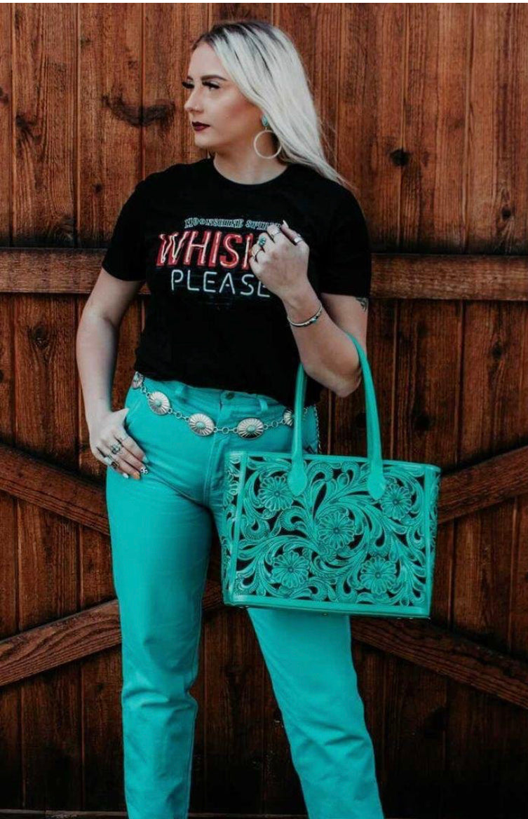 TURQUOISE LEATHER FLORAL TATE